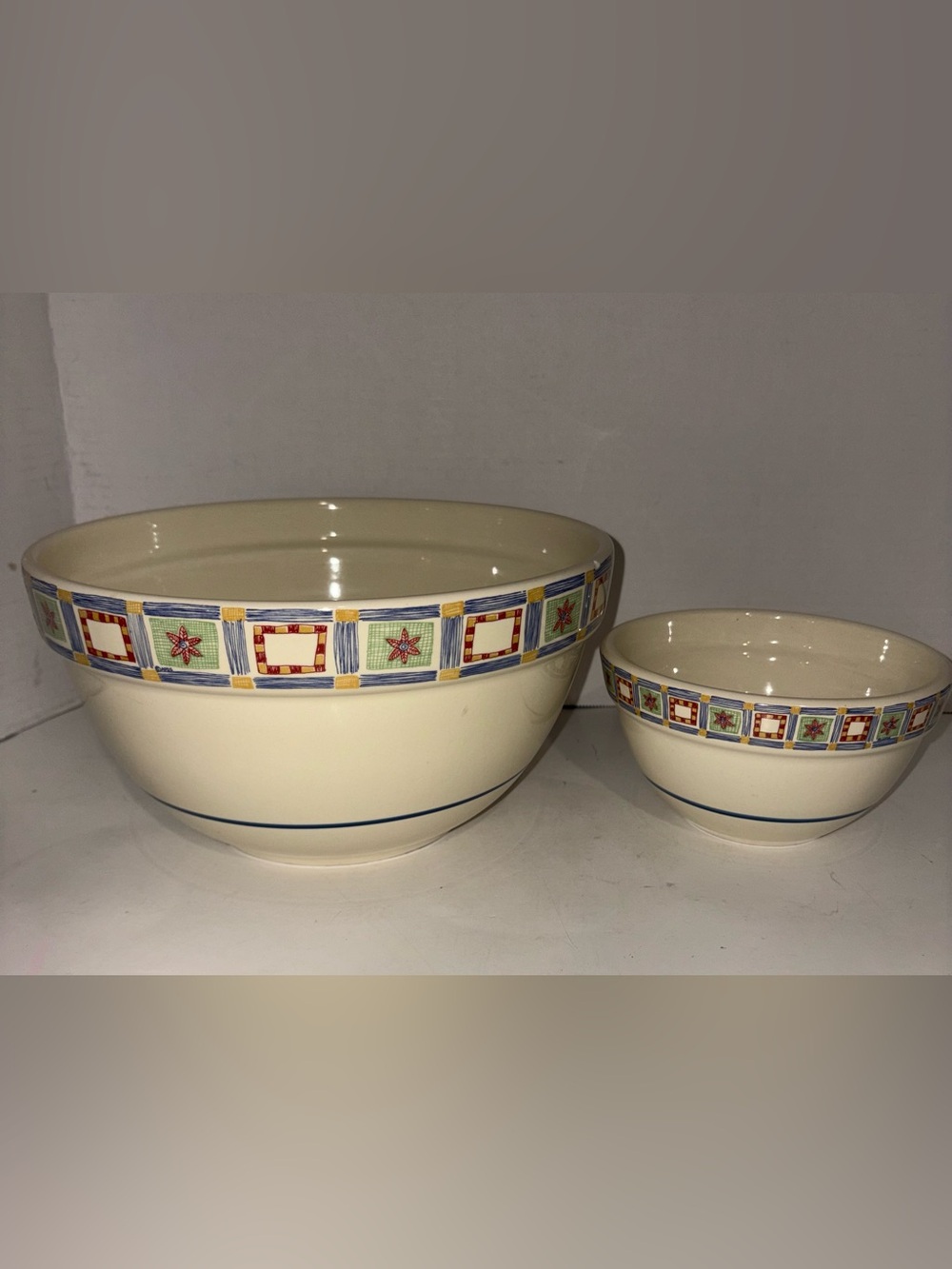 vintage set of two Treasure Craft Americana Quilt mixing bowls, ceramic 10” & 6”